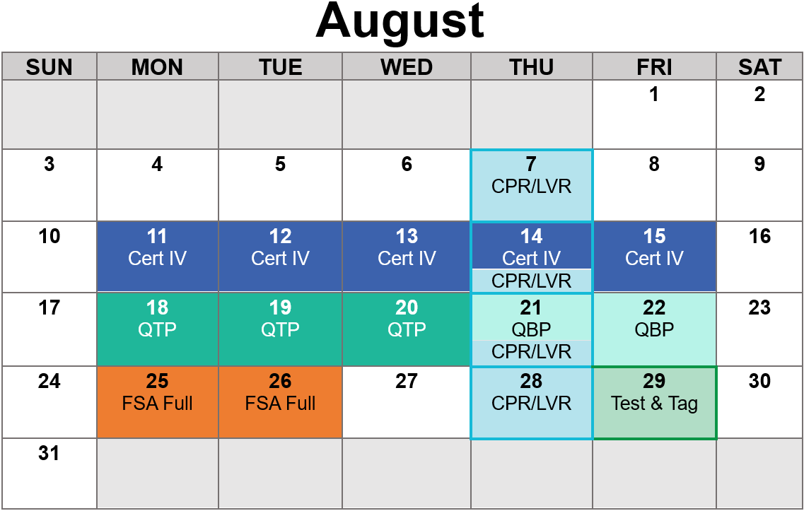 A calendar for the month of august with a list of exams