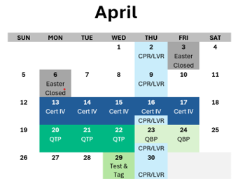 A calendar for the month of april is shown