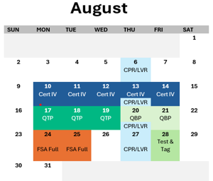 A calendar for the month of august with a list of exams