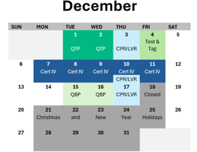 A calendar showing the days of the month for december