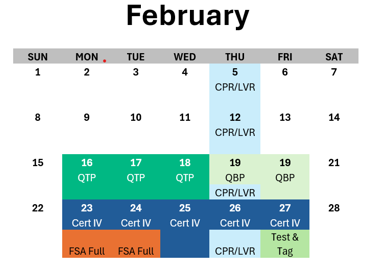A calendar for the month of february is shown