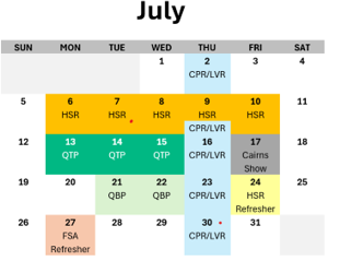 A calendar for july shows a lot of events