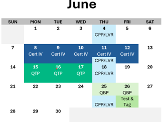A calendar for the month of june shows a purple first aid day
