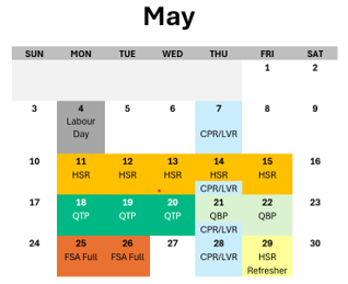 A calendar for the month of may is shown