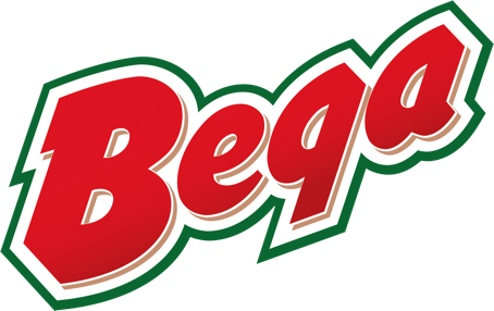 A red and green logo for a company called bega