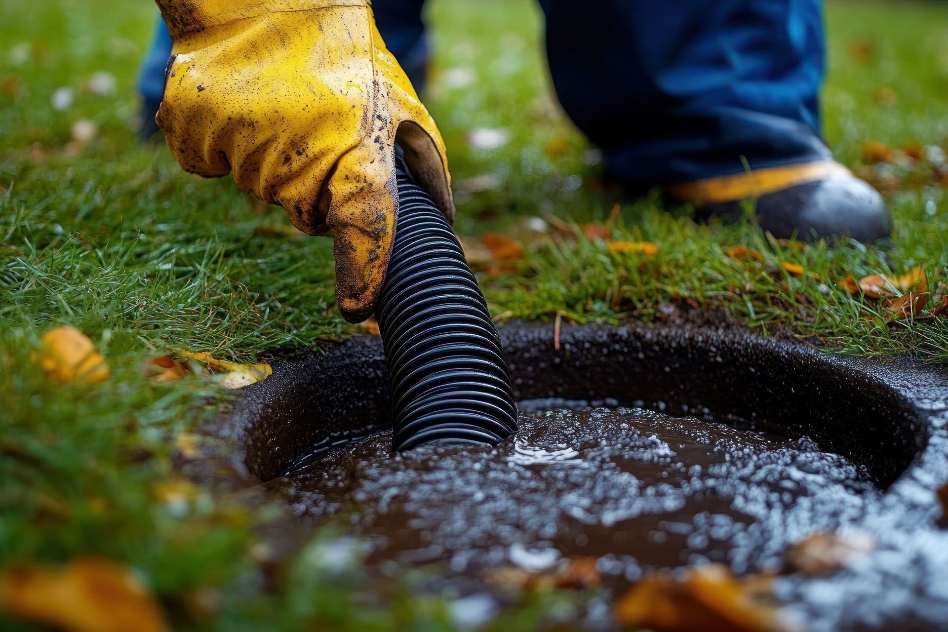 Une personne utilise un tuyau d'aspirateur pour nettoyer un drain.