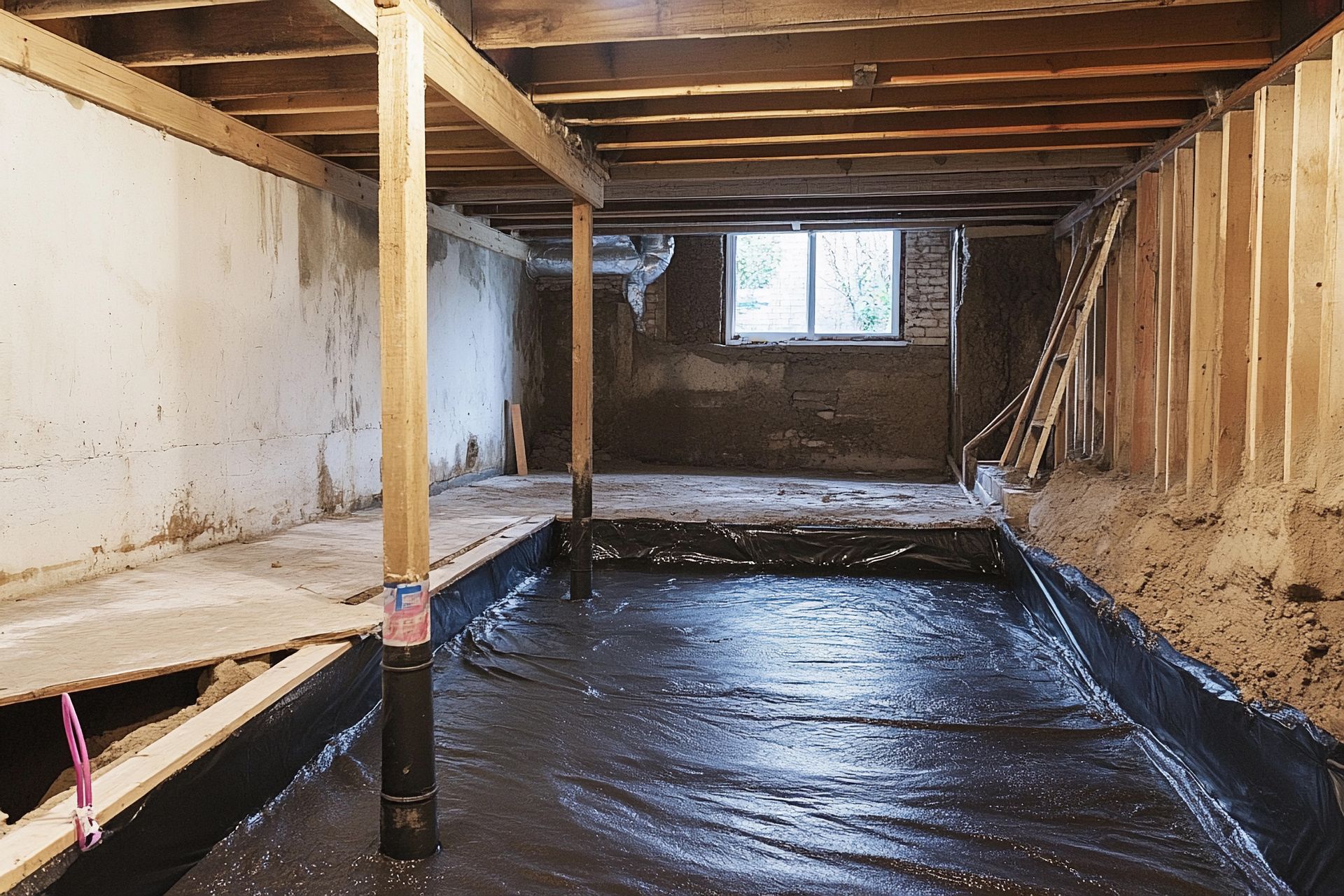 Un sous-sol non aménagé avec des solives de plafond en bois apparentes, des murs en terre battue et un pare-vapeur en plastique noir au sol.