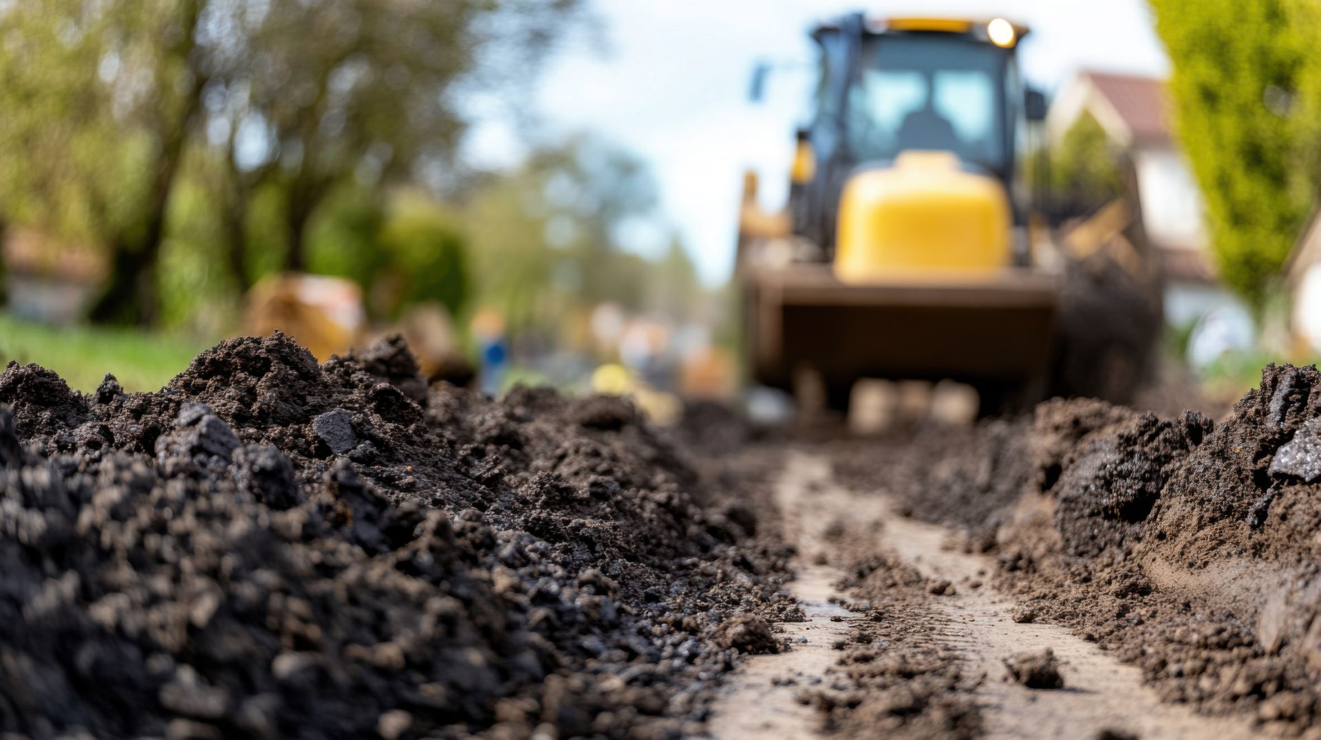 Un engin de chantier jaune, à l'arrière-plan, fait face à un tas de terre sombre excavée, le long d'un chantier routier.