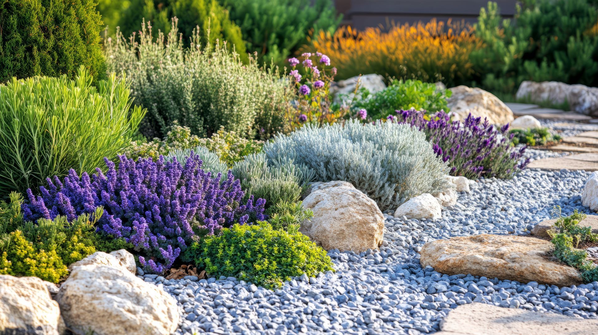 Stone path winds through lush, green hillside garden.