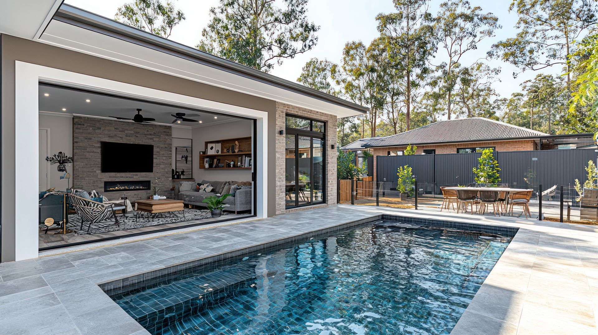 Swimming pool with attached spa, surrounded by light-colored concrete patio.