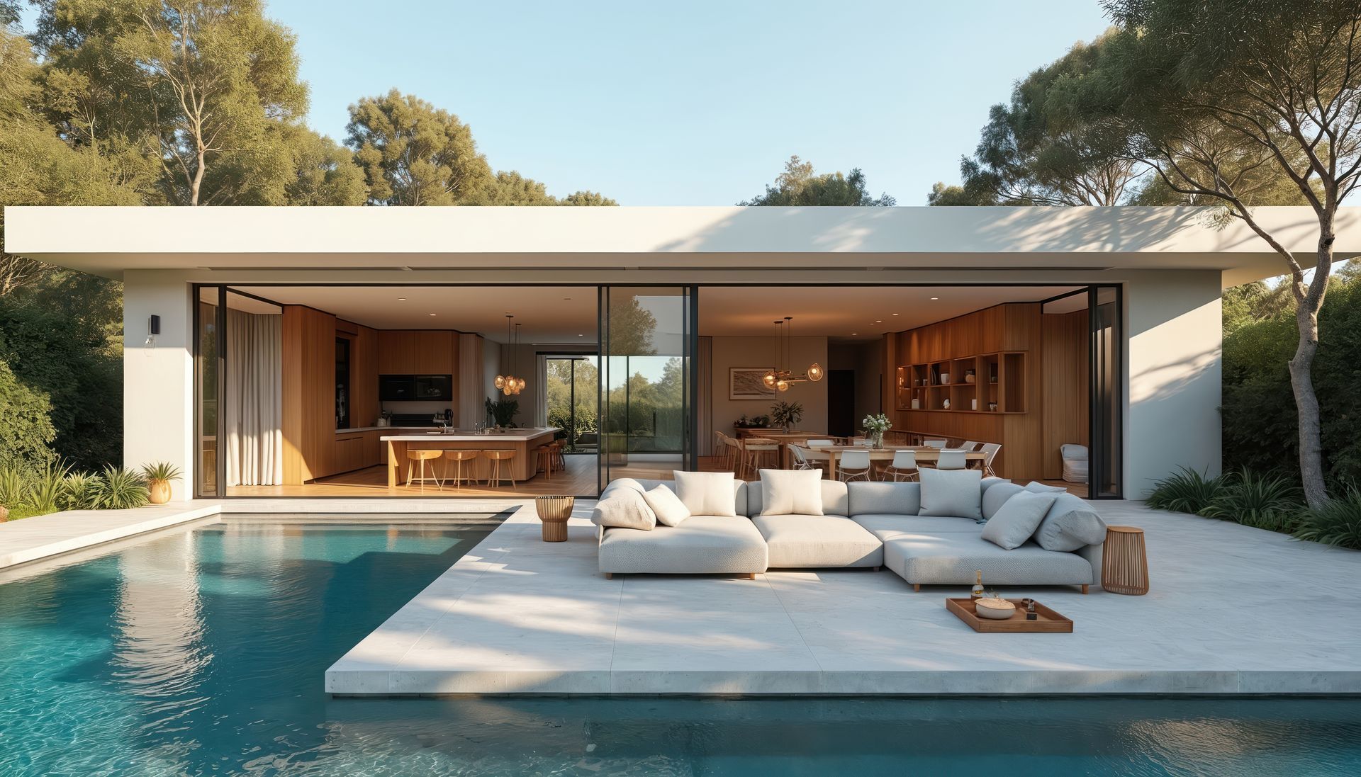 A gravel path curves through a garden bed with colorful plants under a blue sky.