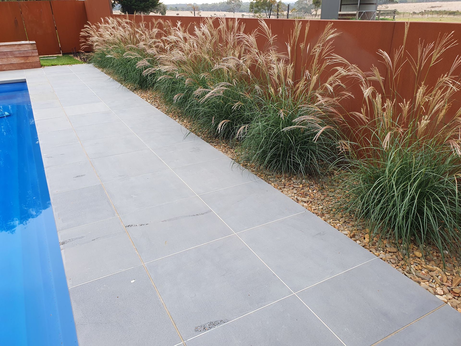 Poolside view with stone patio, ornamental grass, and rust-colored wall.