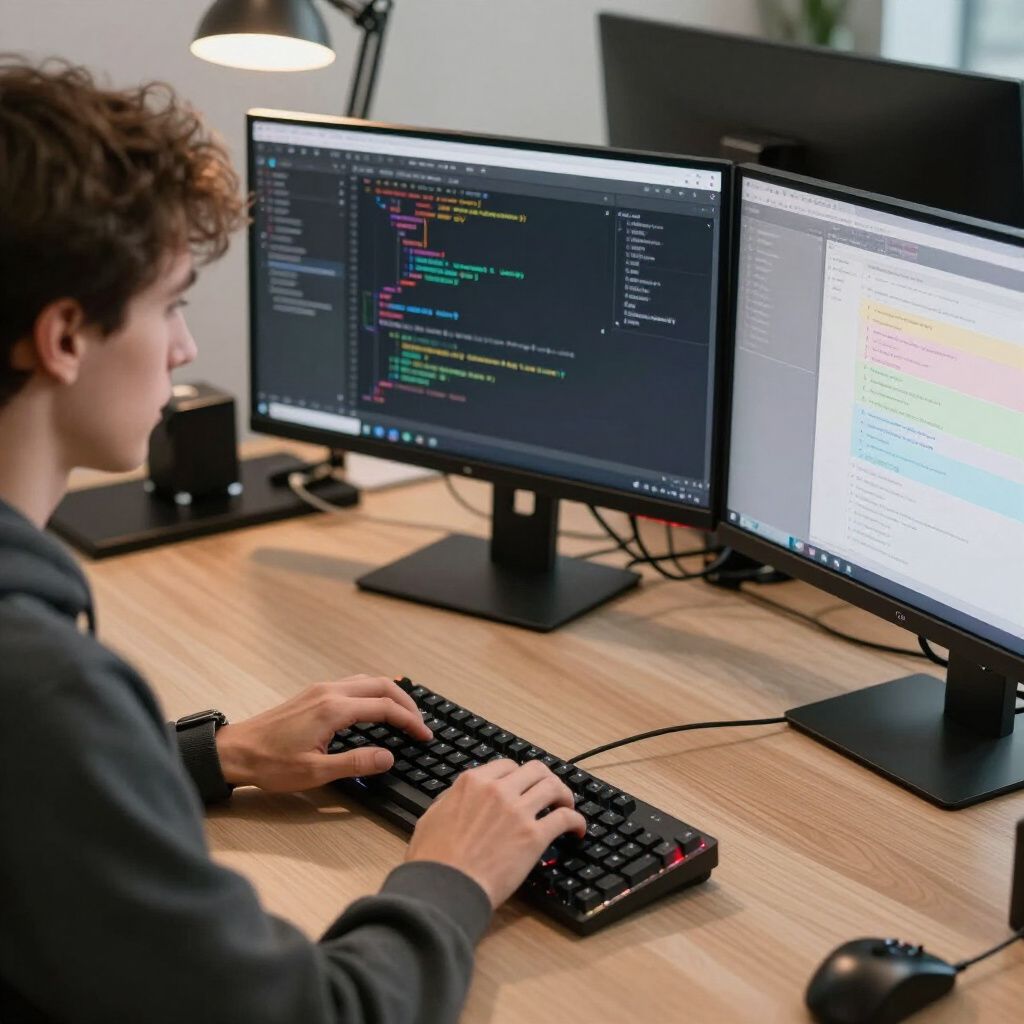 A person typing on a mechanical keyboard at a desk with two computer monitors displaying code and text documents.