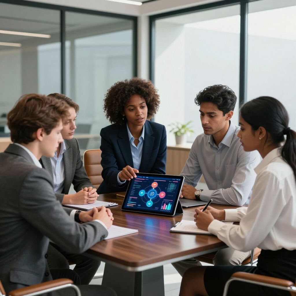 A diverse professional team sits around a wooden table in a bright office, discussing data on a tablet.