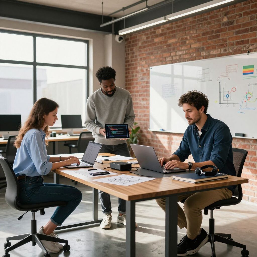Three professionals collaborate in an office, working on laptops and viewing a tablet screen around a wooden table.