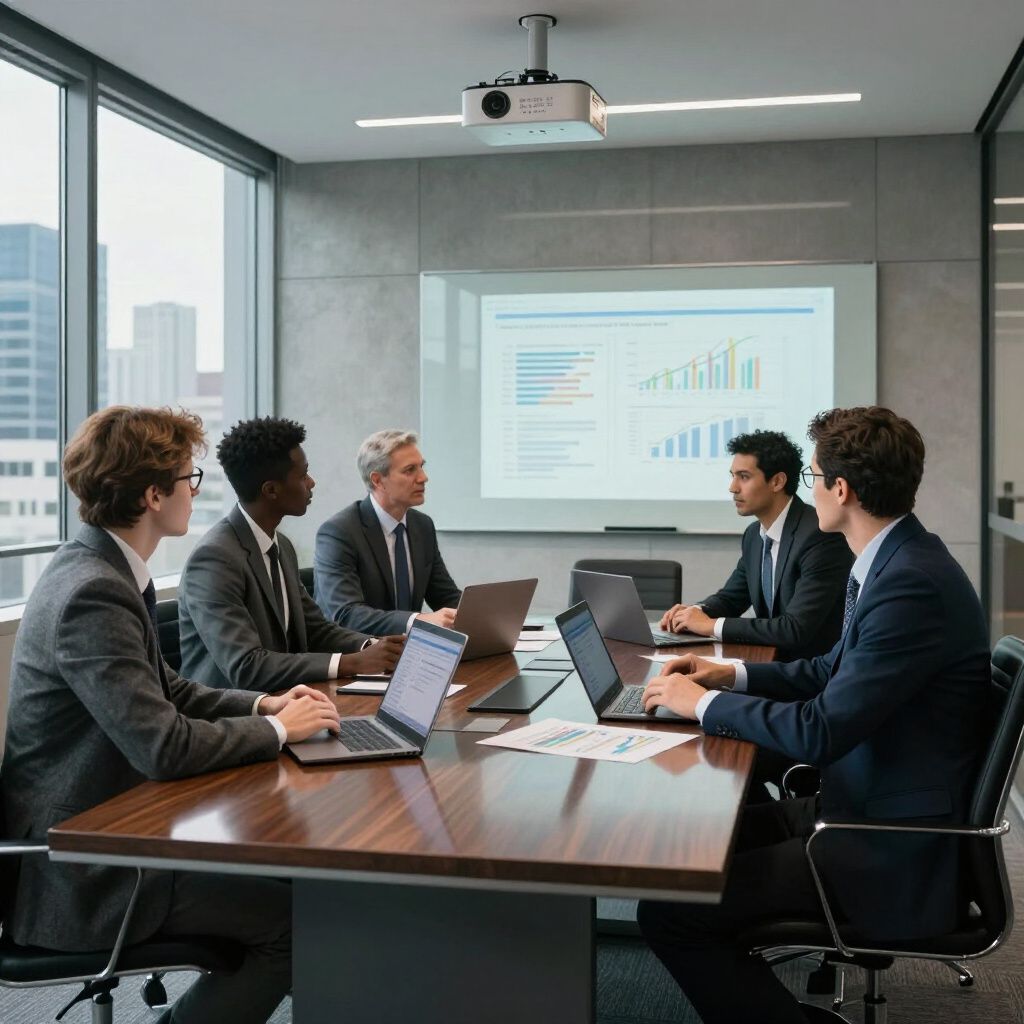 Five professionals in business attire hold a meeting around a conference table with laptops, facing a projection screen.