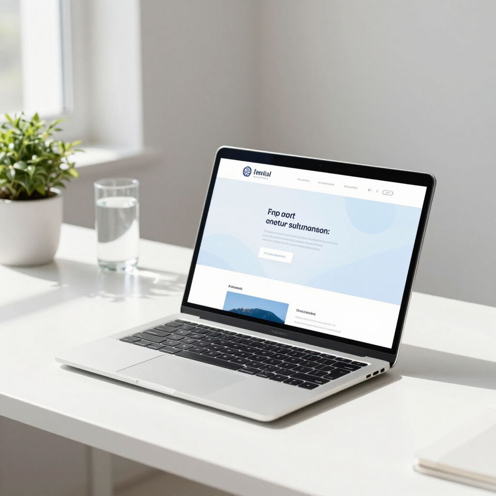 A laptop sits on a clean white desk next to a potted plant and a glass of water, displaying a webpage with a light theme.