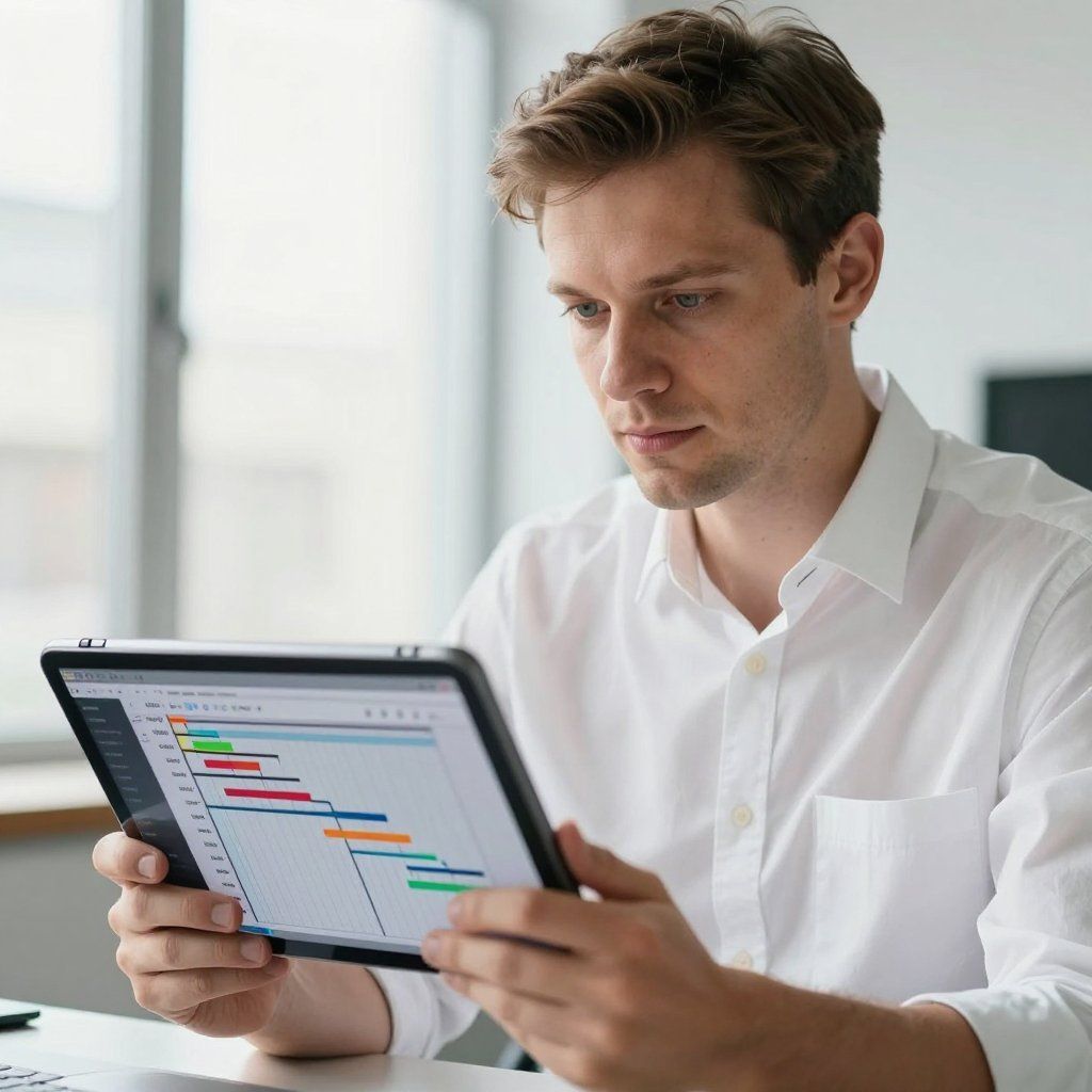 A person in a white shirt looking at a tablet displaying a colorful project management Gantt chart in an office.