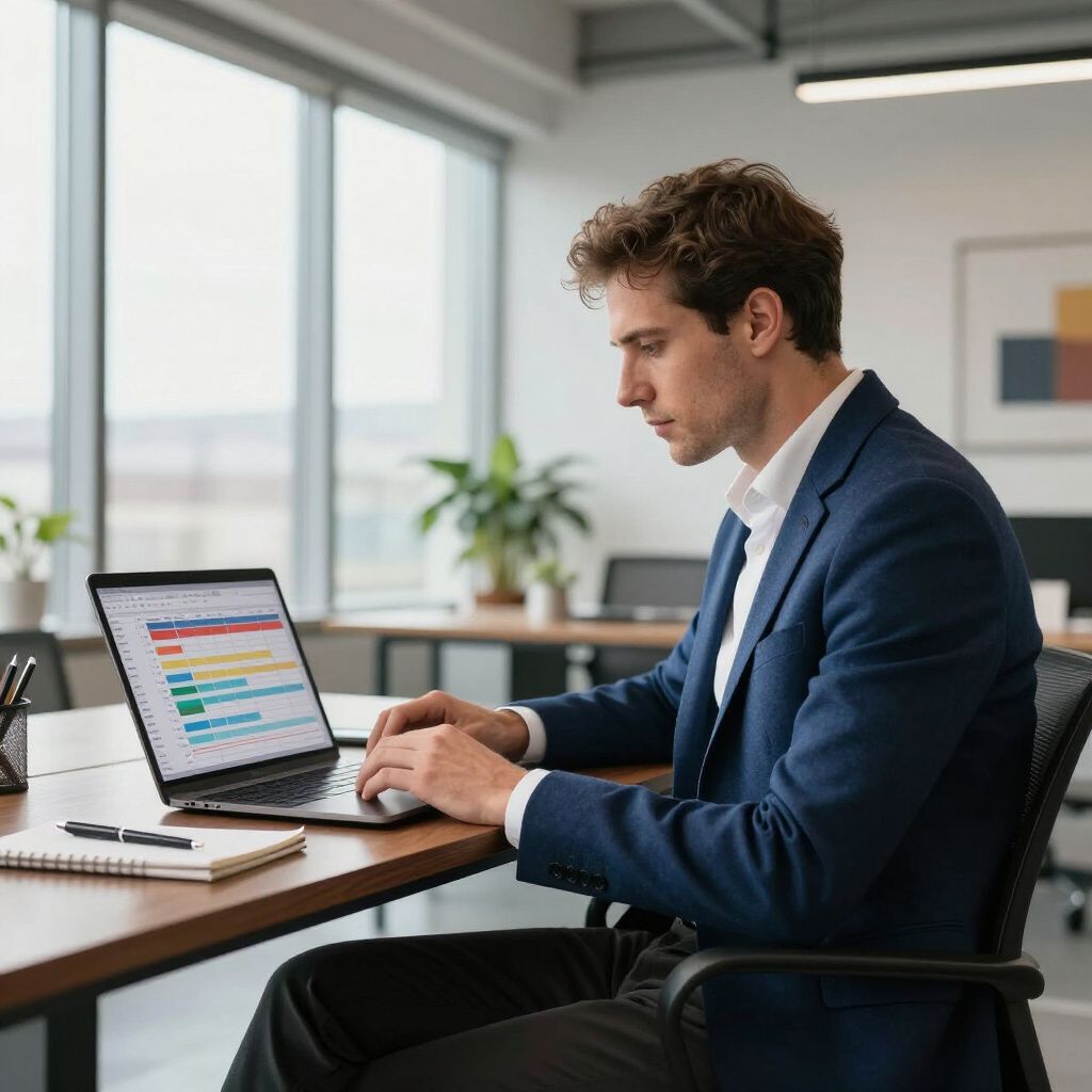 A professional in a suit sits at a desk in an office, working on a laptop displaying a colorful bar chart.