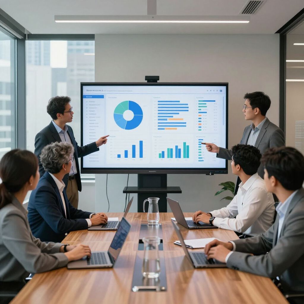 A team in a conference room reviewing business data charts on a large digital screen.