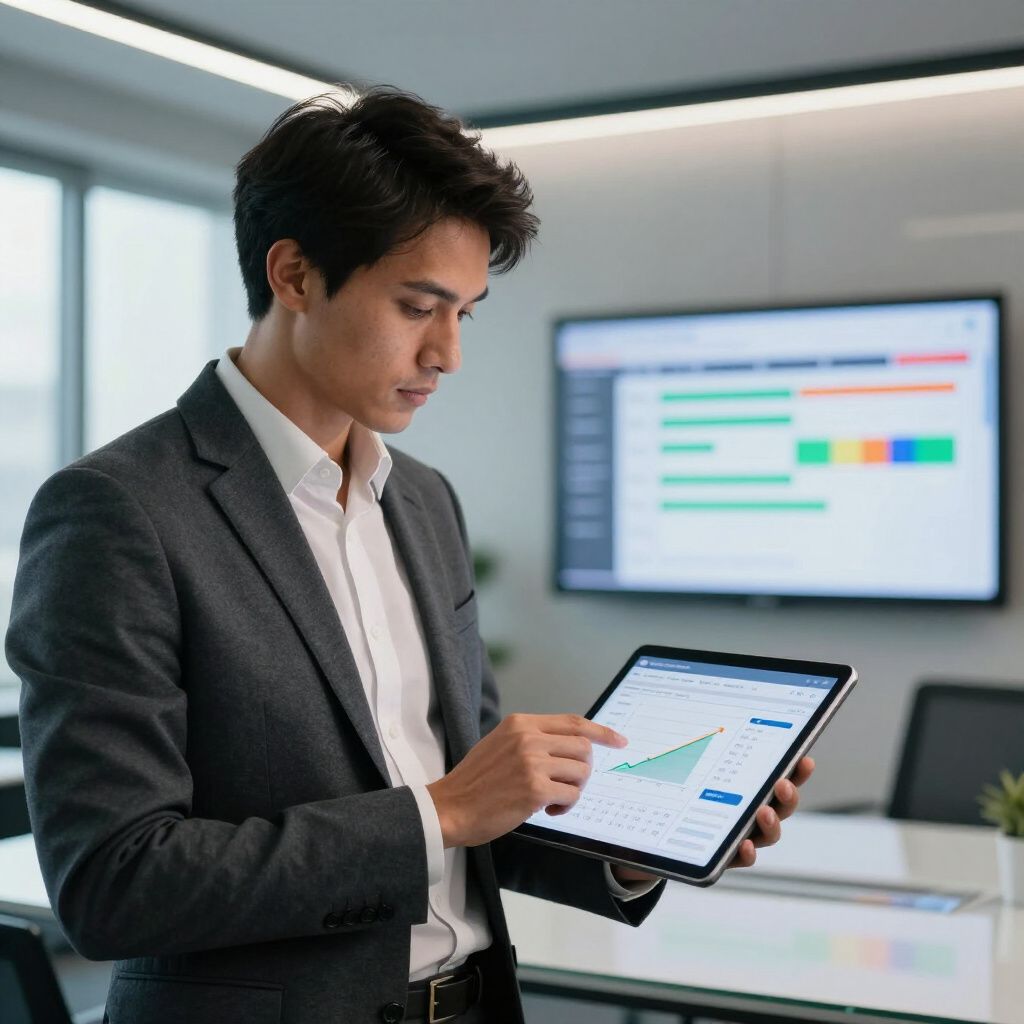 A professional in a suit reviewing a growth chart on a tablet in an office with a digital screen in the background.