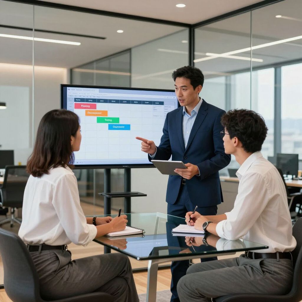 A person in a suit presents a project timeline on a digital display to two colleagues seated at a glass meeting table.