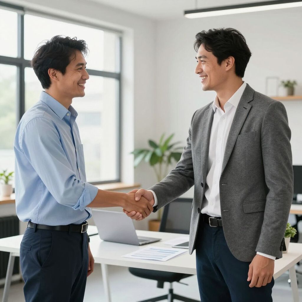 Two professionals in business attire shake hands in a bright, modern office setting.