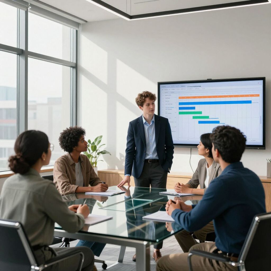 A professional team in a bright office meeting room observes a colleague presenting project plans on a large wall screen.
