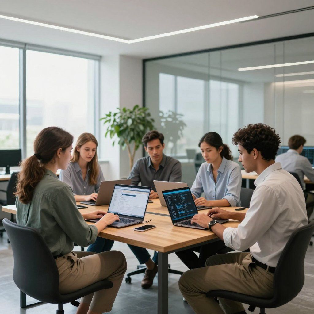 A group of people working together on laptops around a wooden table in a bright, modern office.