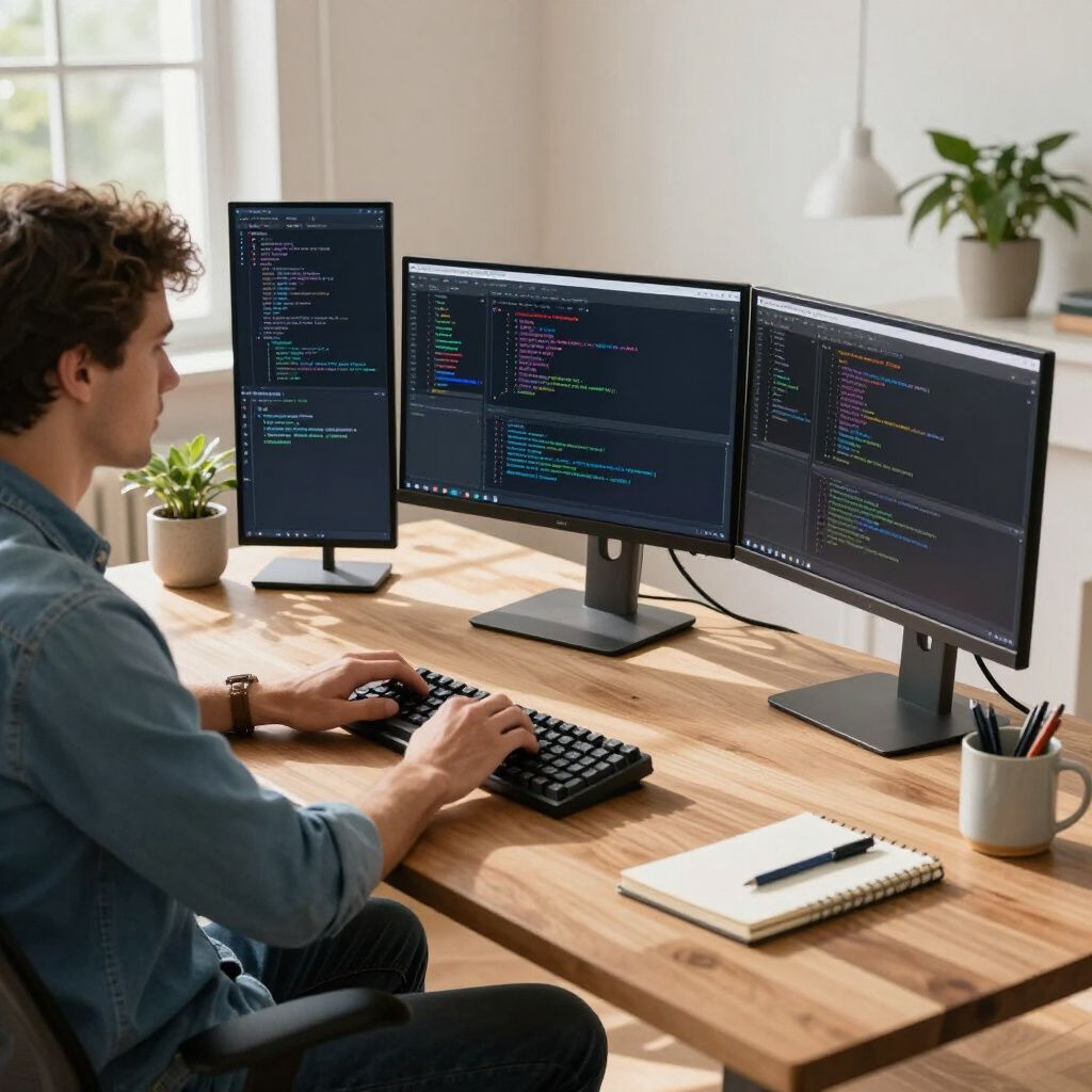 A programmer works at a wooden desk with a vertical monitor and two horizontal monitors displaying code.