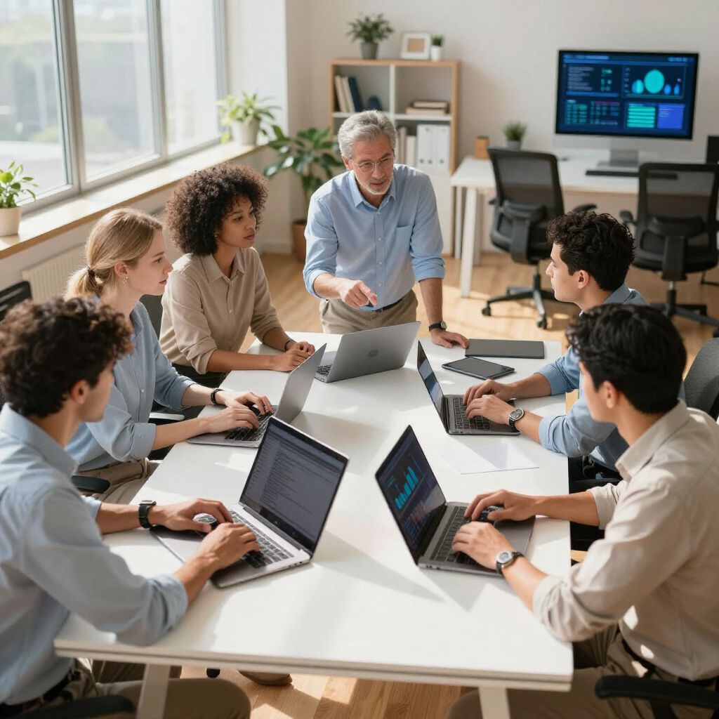A team collaborates around a white table in a bright office, working on laptops while a colleague leads the discussion.
