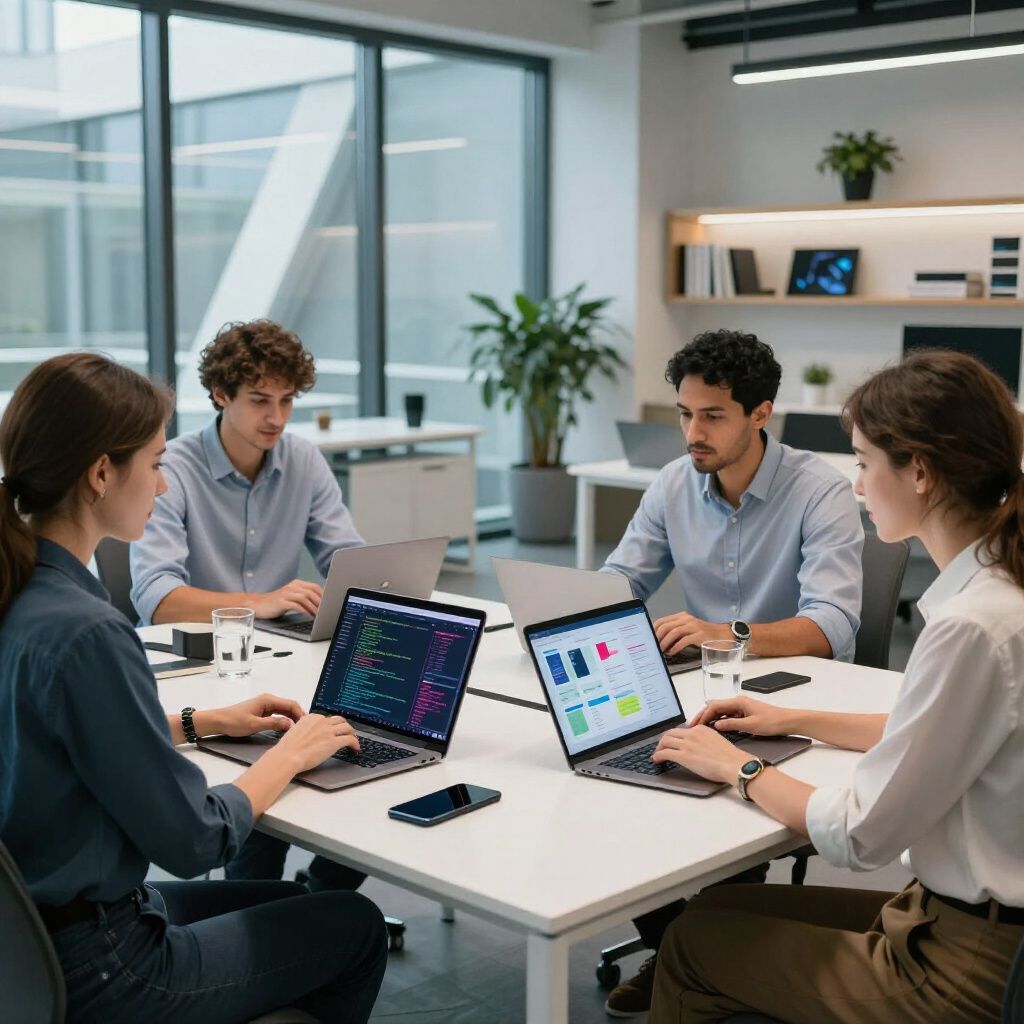 Four colleagues collaborate in a modern office, typing on laptops arranged around a white conference table.