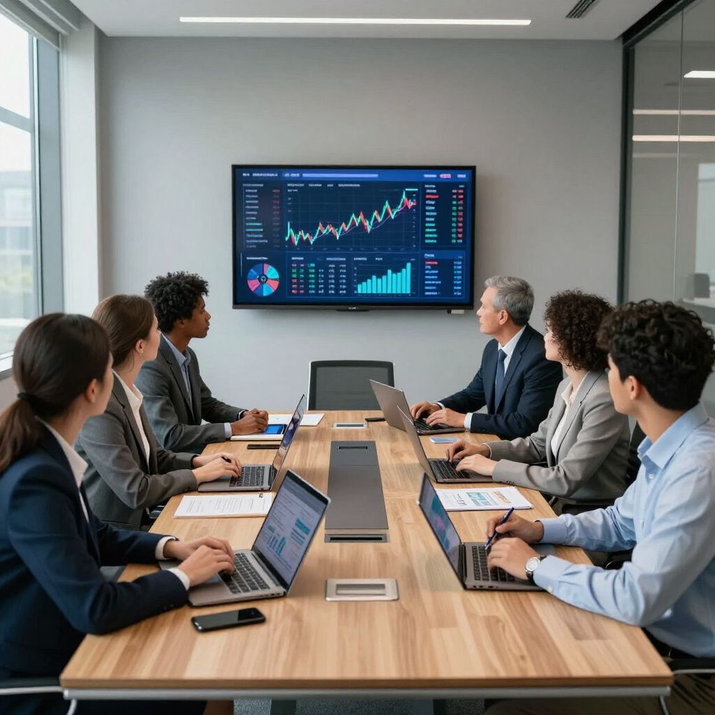 A diverse group of professionals sit around a conference table in an office, viewing data charts displayed on a screen.