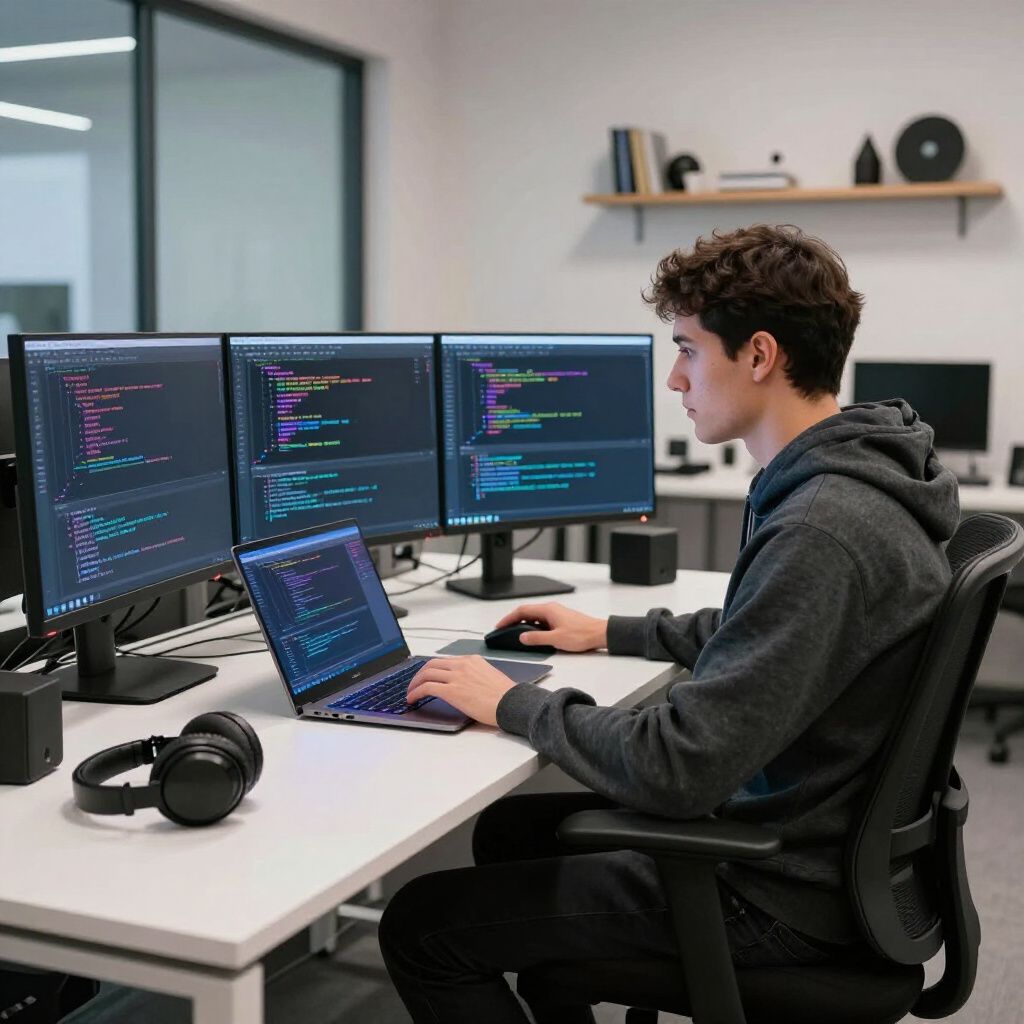 A person in a gray hoodie works at a desk with three computer monitors displaying code in a modern office.