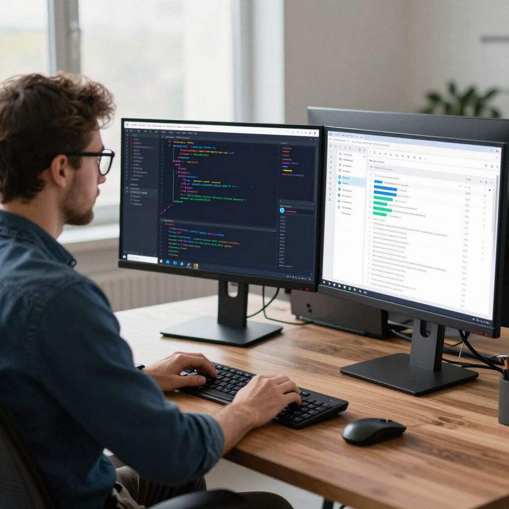 A programmer works at a desk with two monitors displaying code and technical documentation in a brightly lit office.