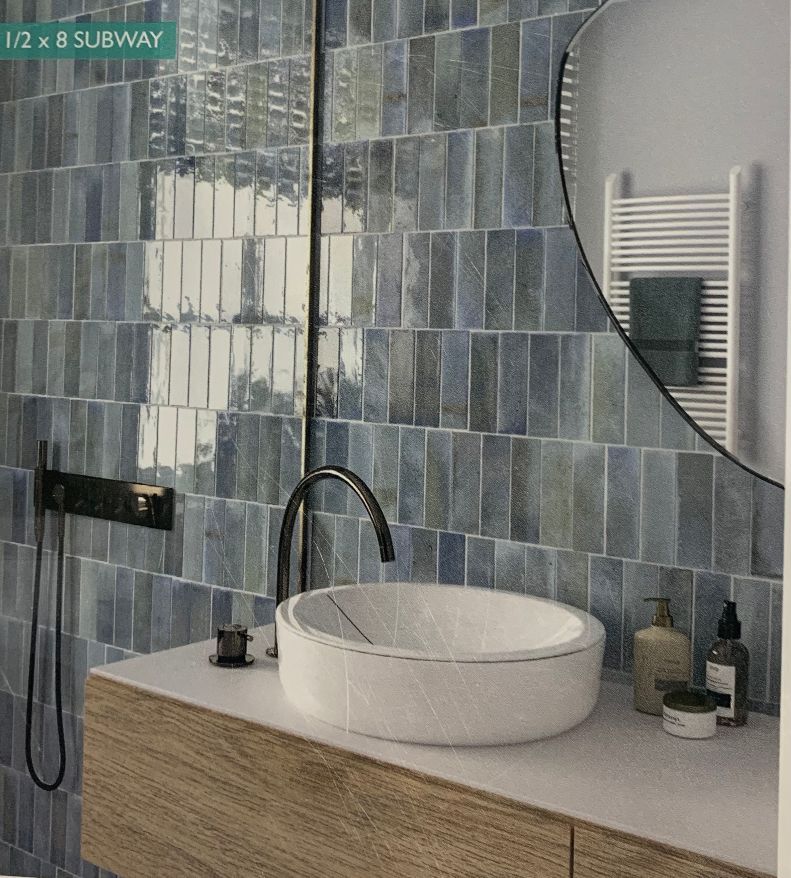 Bathroom with blue rectangular tiles