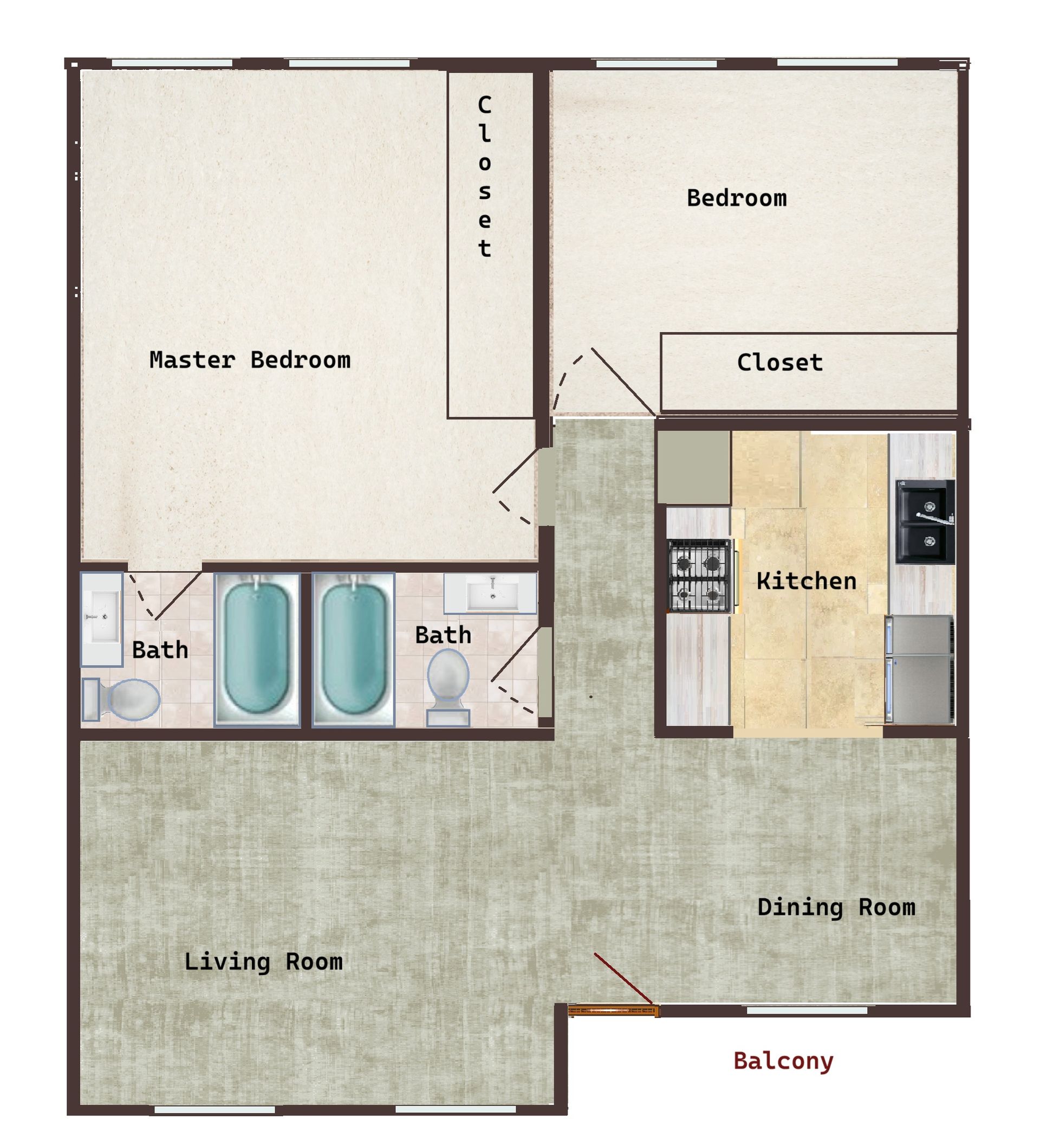 Floor plan of an apartment: master bedroom, bath, kitchen, dining room, and balcony.