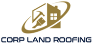 Logotipo para Corp Land Roofing: una silueta de una casa con herramientas, rodeada por un s&iacute;mbolo swoosh; texto azul oscuro debajo.