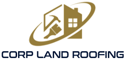 Logotipo para Corp Land Roofing: una silueta de una casa con herramientas, rodeada por un s&iacute;mbolo swoosh; texto azul oscuro debajo.