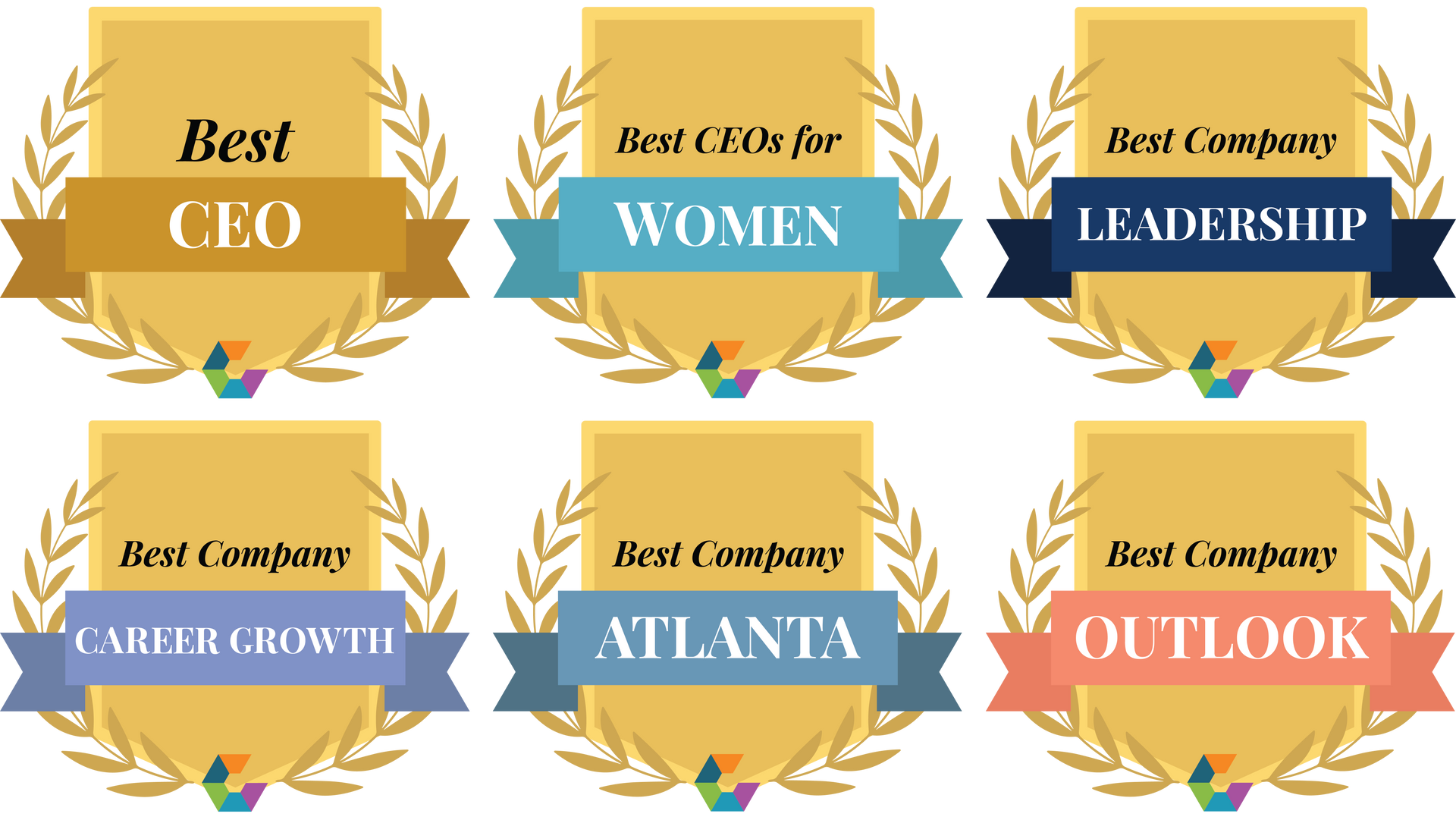 A set of badges that say best ceo for women leadership best company and outlook