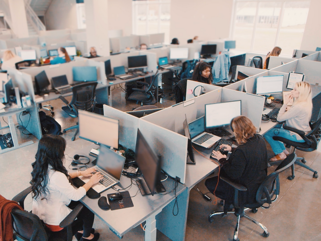 A group of people are sitting at desks in an office working on computers.