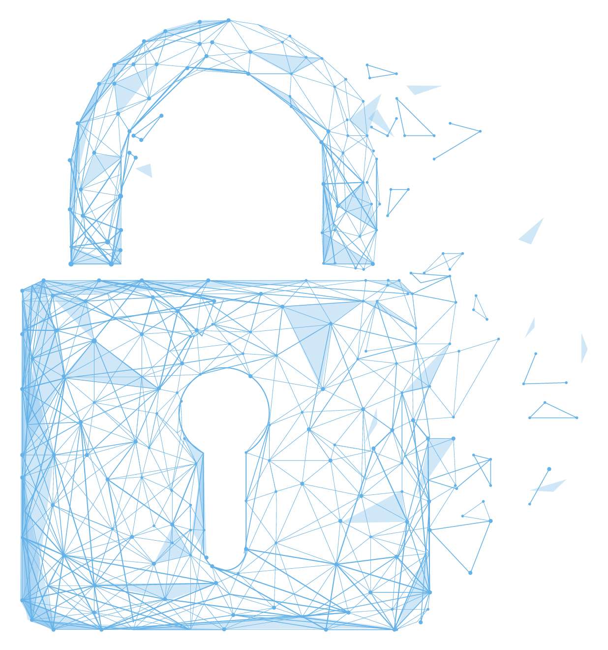 A blue padlock made of lines and dots on a white background.