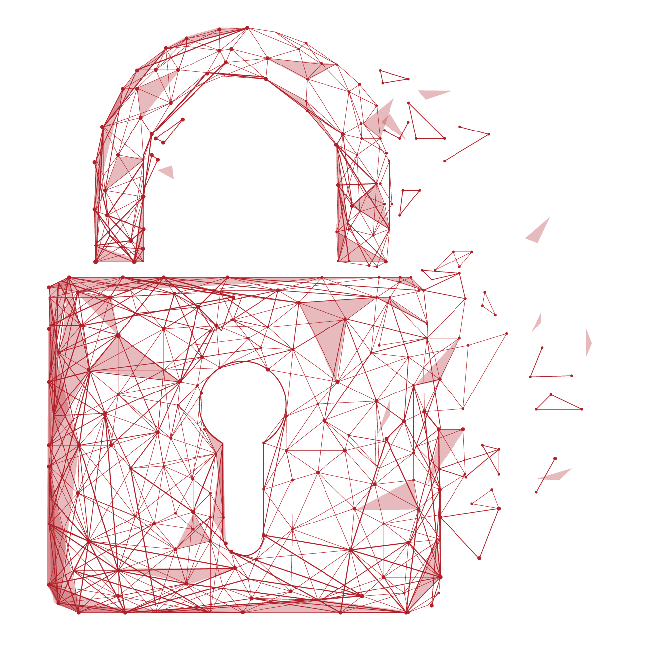 A red padlock made of lines and triangles on a white background.