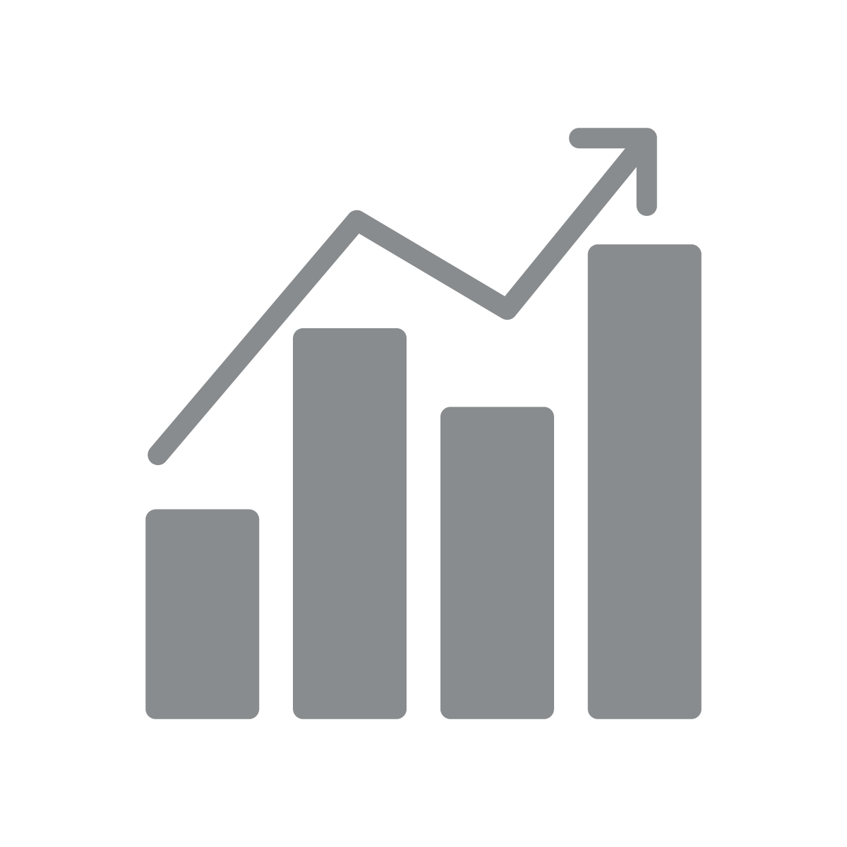 A graph with a rising arrow made of lines and dots on a white background.