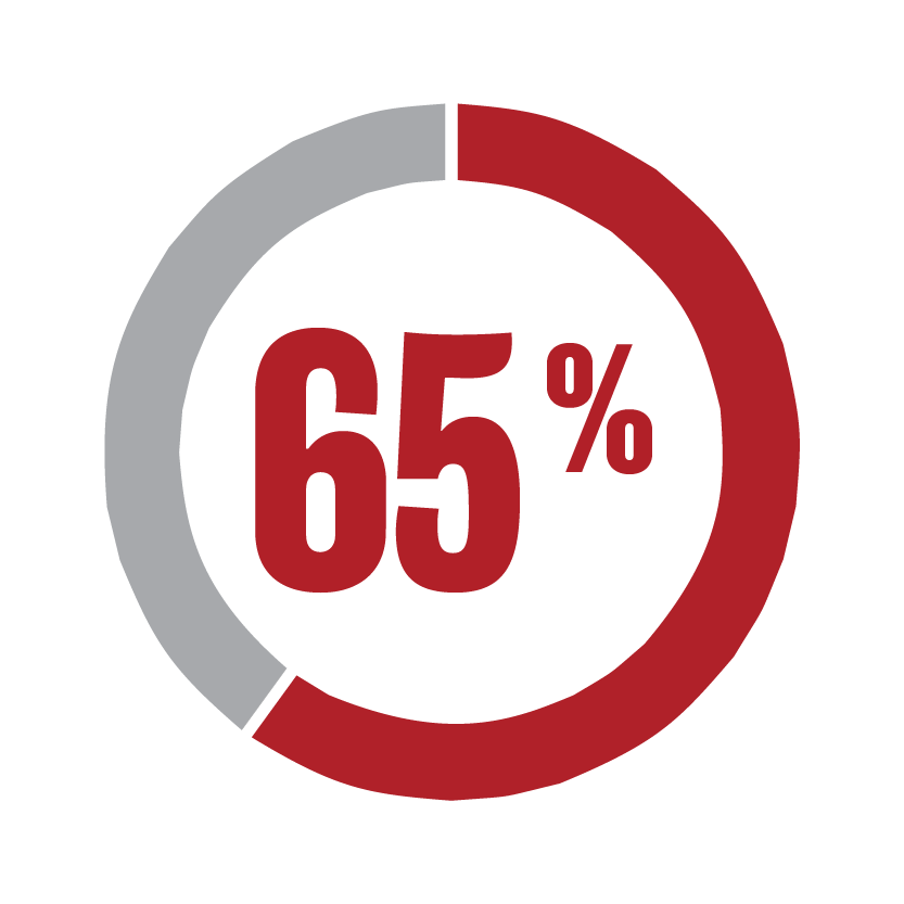 A pie chart showing 65 percent in a red circle.