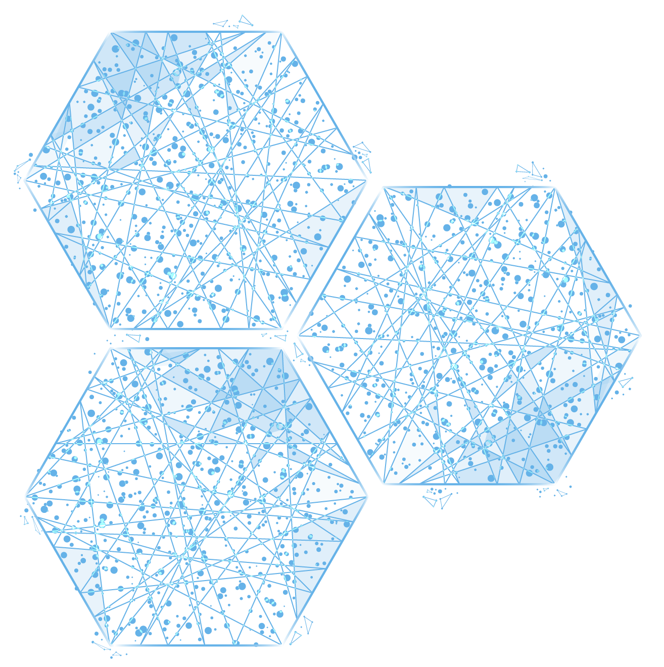 Three blue hexagons with white dots on them on a white background