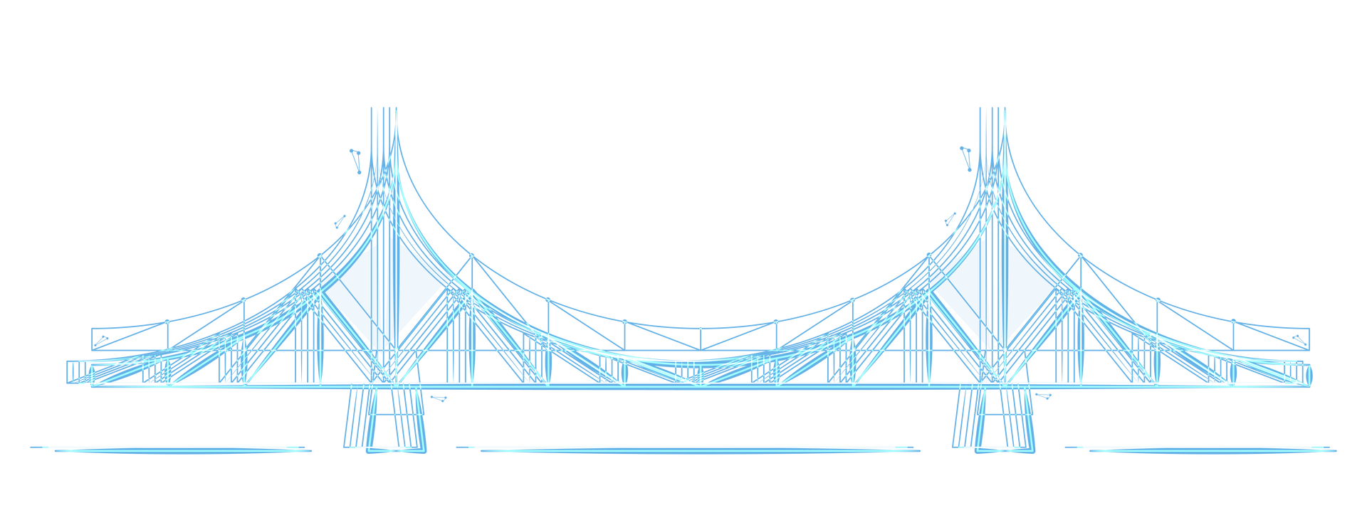 A blue and white drawing of a bridge on a white background.