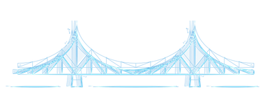 A blue and white drawing of a bridge on a white background.