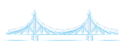 A blue and white drawing of a bridge on a white background.