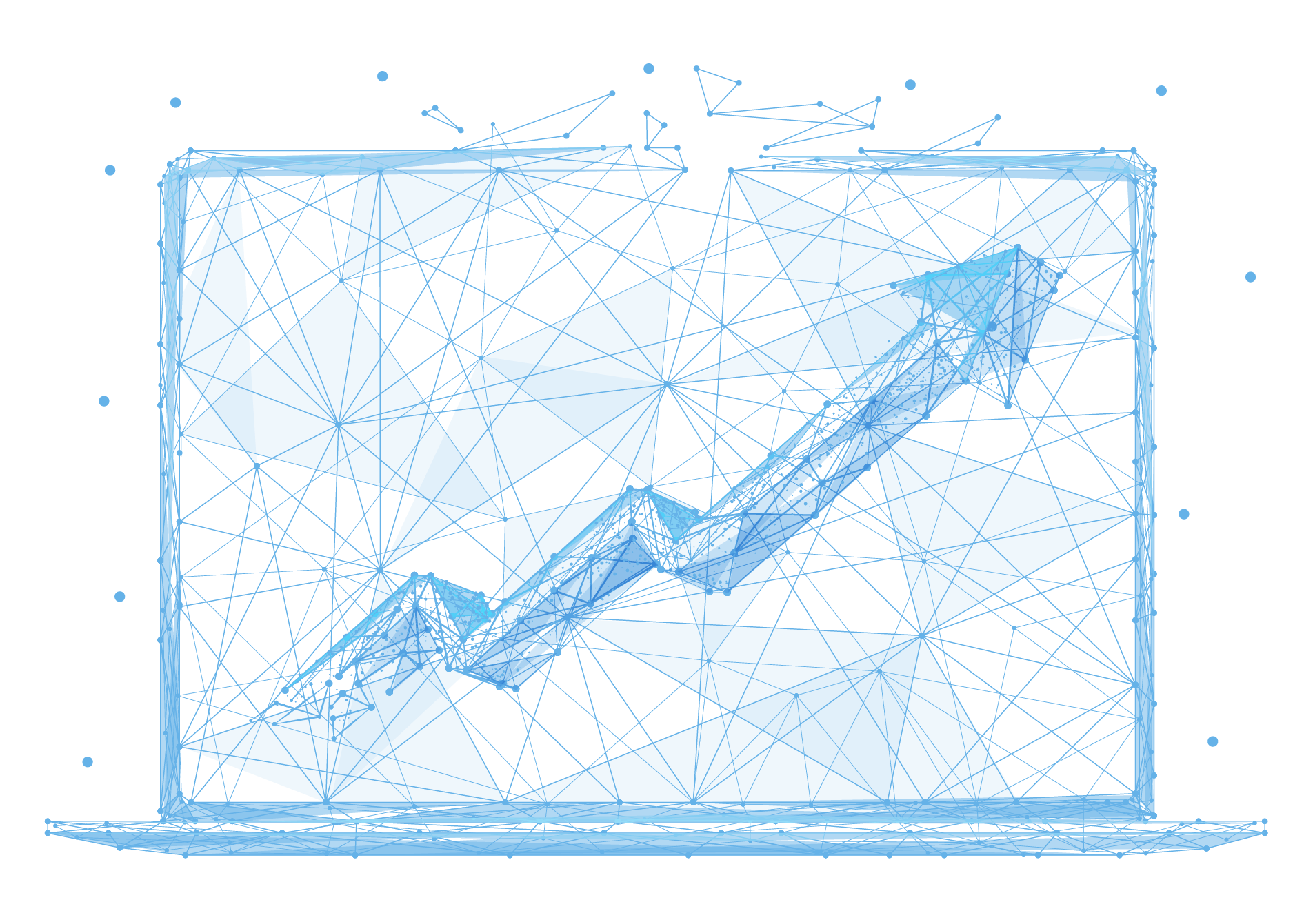 A blue and white drawing of a bridge on a white background.